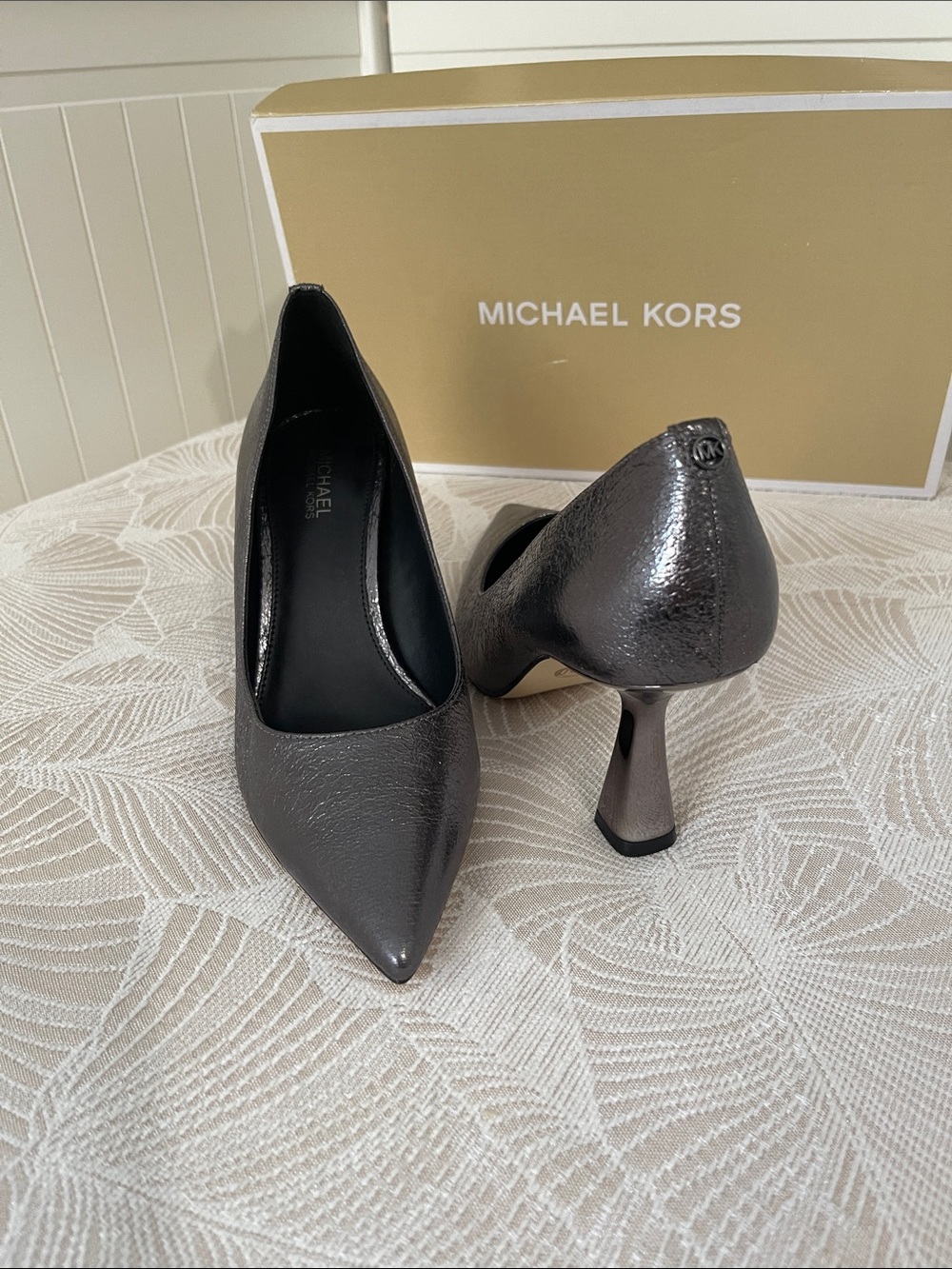 Michael Kors Gunmetal Pointed-Toe Sculpted Heel Pumps